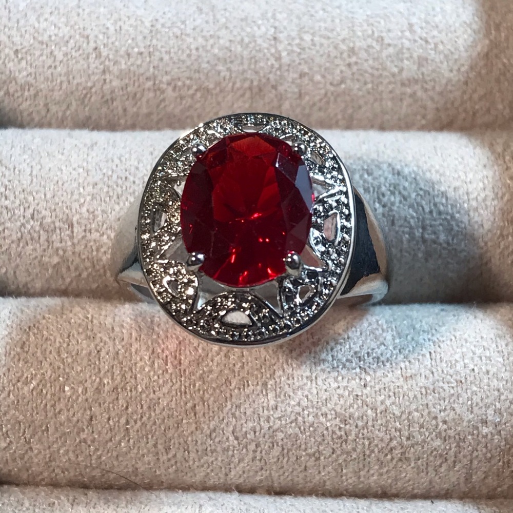 Large Ruby Stone with Filigree Background & Silver